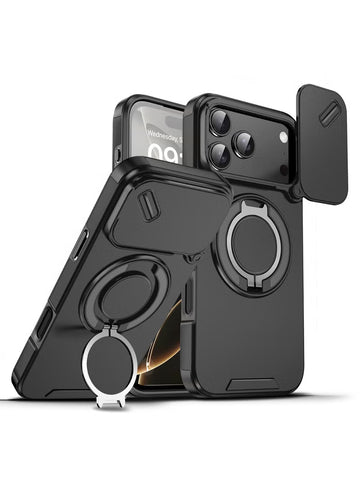iPhone 17 Pro Max Magnetic Slide Camera Case – 360° Ring Stand, Shockproof, Black