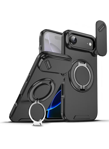 iPhone 17 Air Magnetic Slide Camera Case – 360° Ring Stand, Shockproof, Black