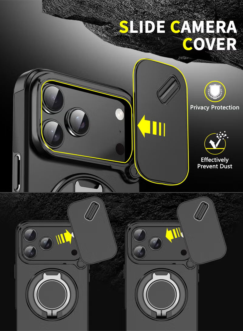 iPhone 17 Pro Max Magnetic Slide Camera Case – 360° Ring Stand, Shockproof, Black