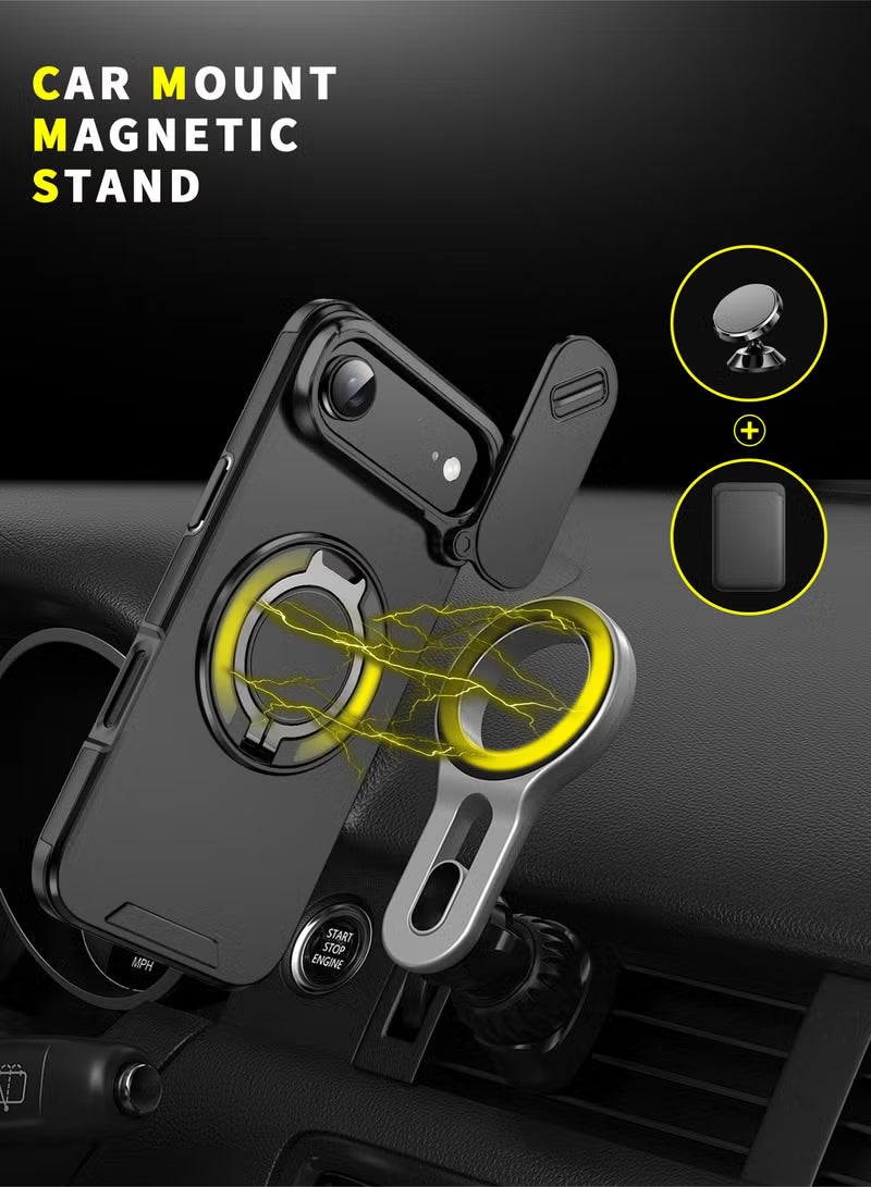iPhone 17 Air Magnetic Slide Camera Case – 360° Ring Stand, Shockproof, Black