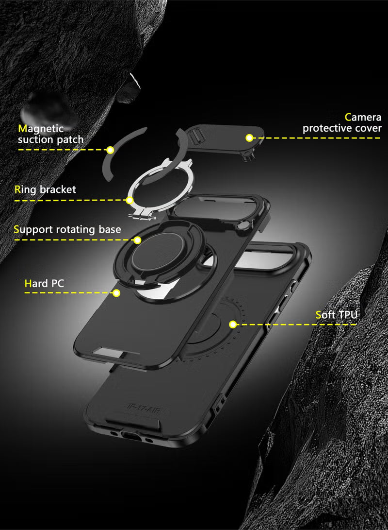 iPhone 17 Air Magnetic Slide Camera Case – 360° Ring Stand, Shockproof, Black