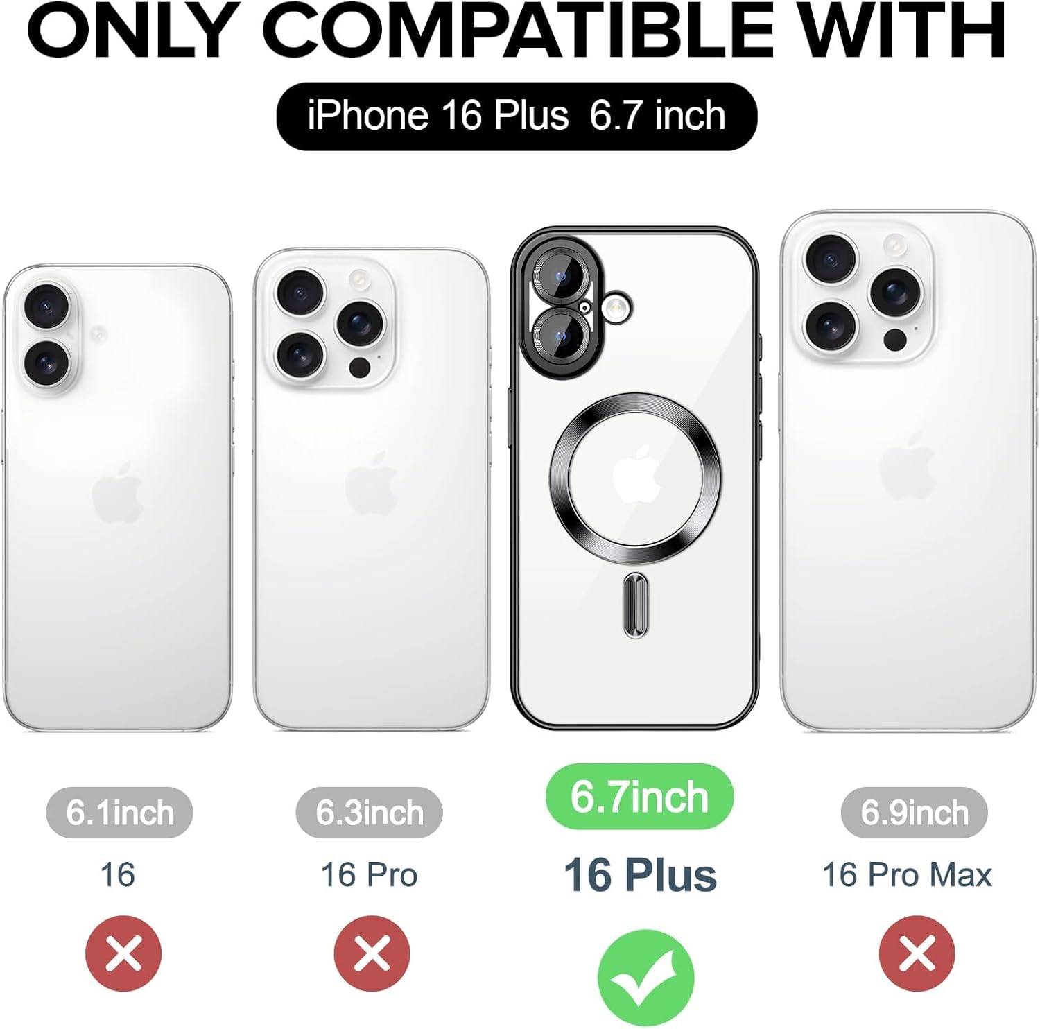 MagSafe iPhone 16 Plus Case (6.7″) – Clear Slim TPU Cover with Camera Lens Protector & Plating Edge
