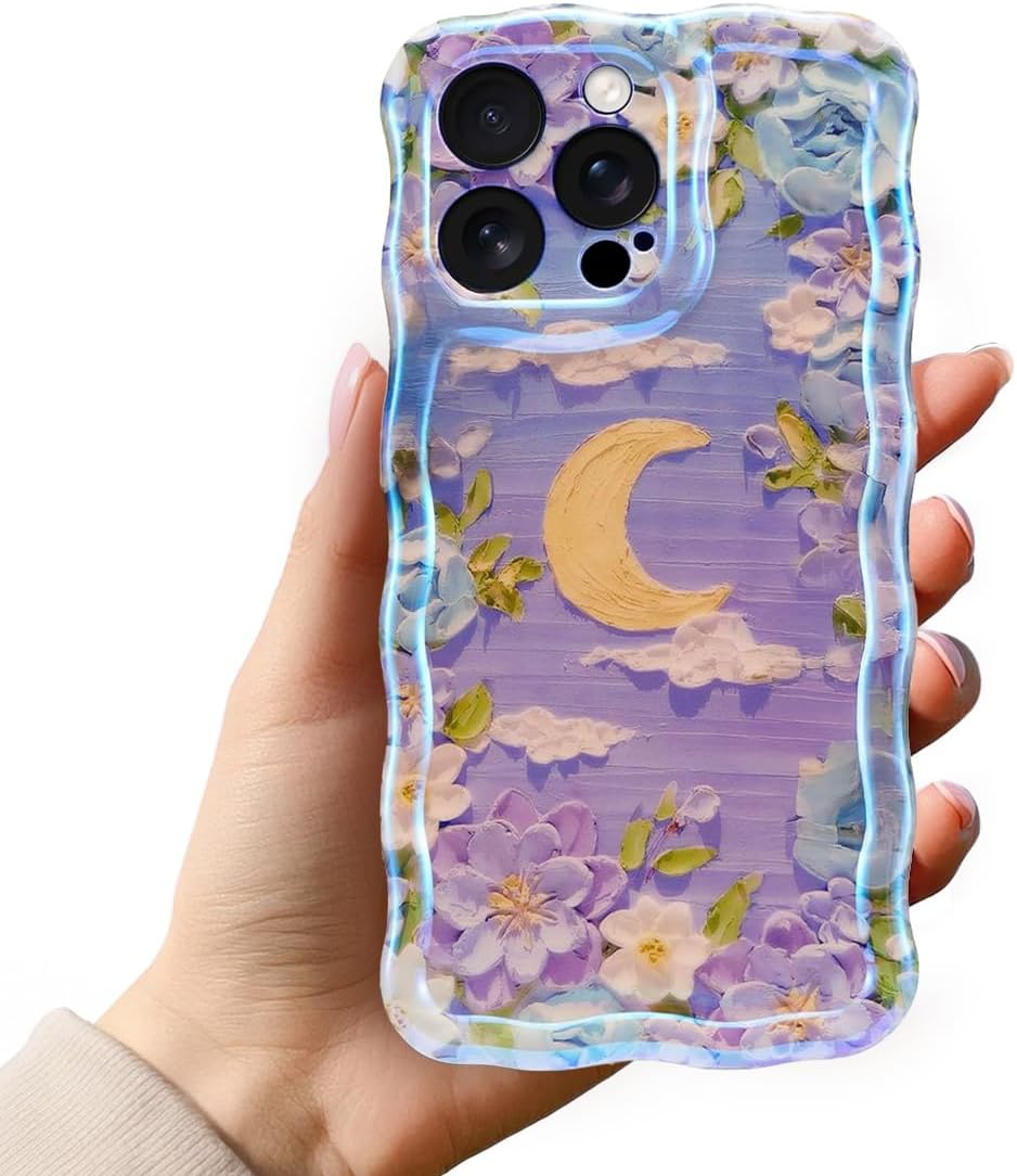 iPhone 16 Pro Case – Glossy Oil Painting Flowers, Laser Waves, Shockproof Silicone