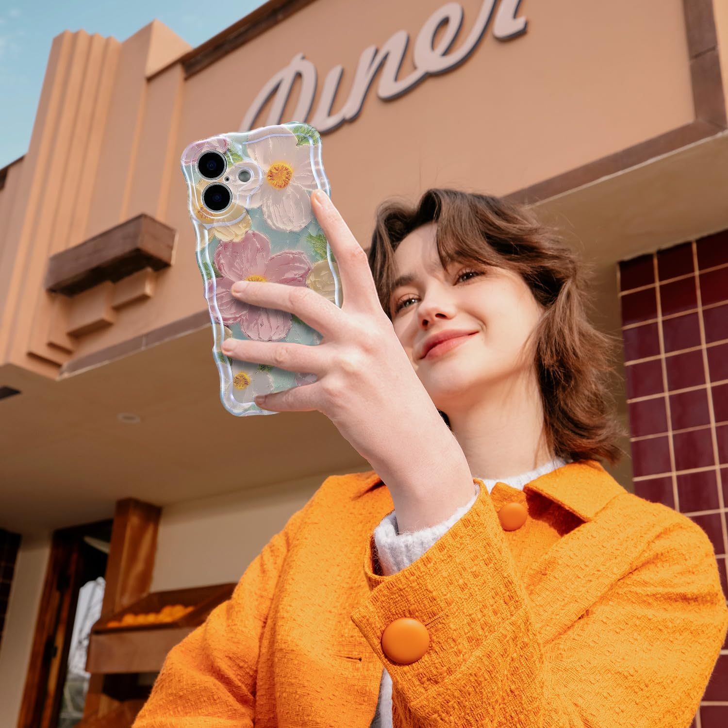 iPhone 16  Case for Women Girl Oil Painting Flowers Laser Beam Glossy Pattern Waves Border Cover Silicone Shockproof Phone Case