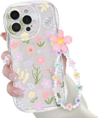 iPhone 16 Pro Max Case – Clear Soft TPU, Flower Design & Bracelet Chain
