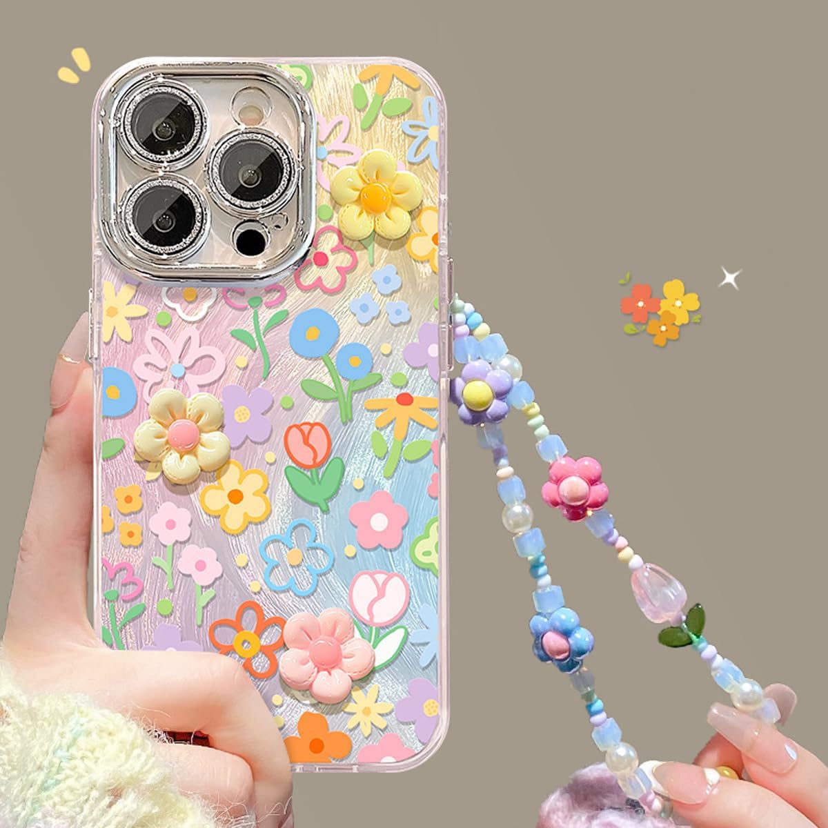 iPhone 16 Pro Max Glitter Bling Case with 3D Flower & Wrist Strap