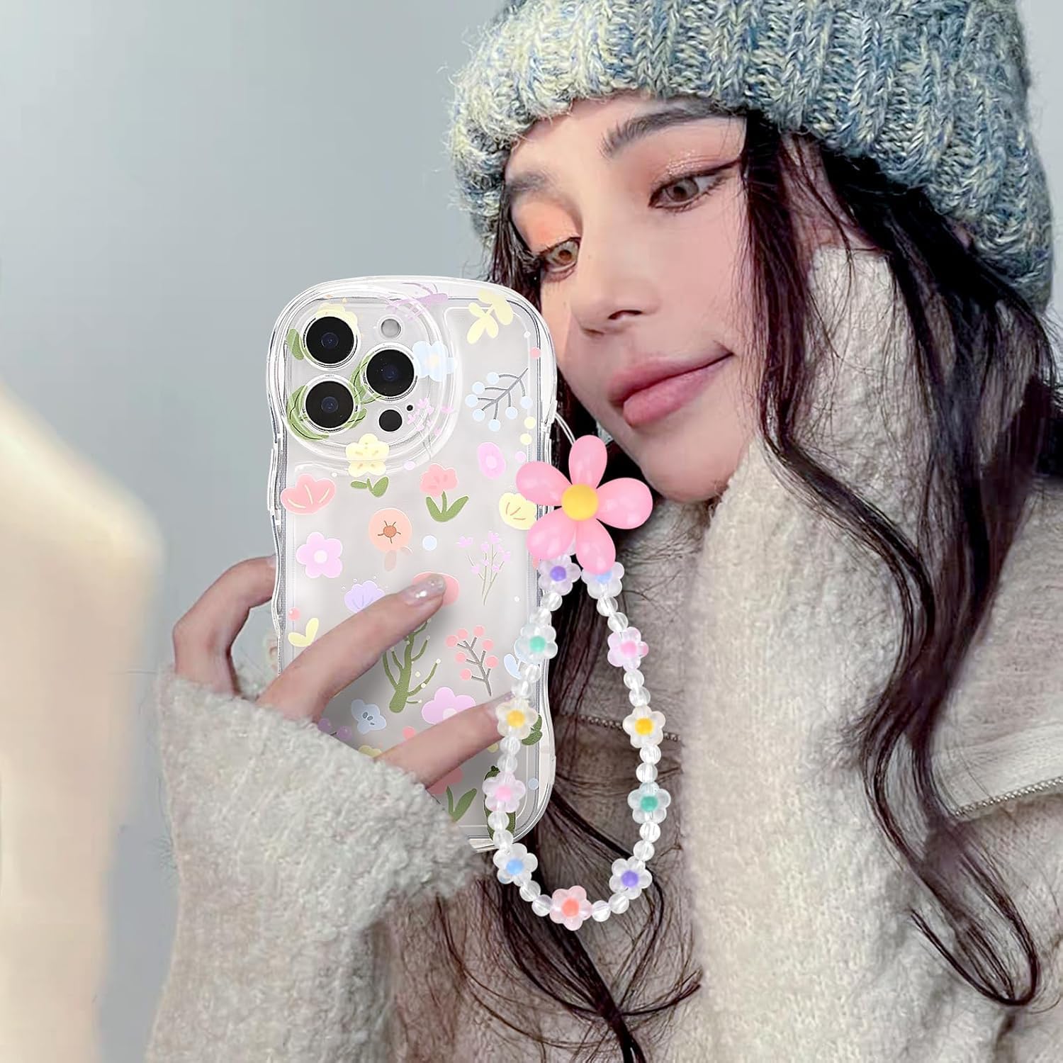 iPhone 16 Pro Max Case – Clear Soft TPU, Flower Design & Bracelet Chain