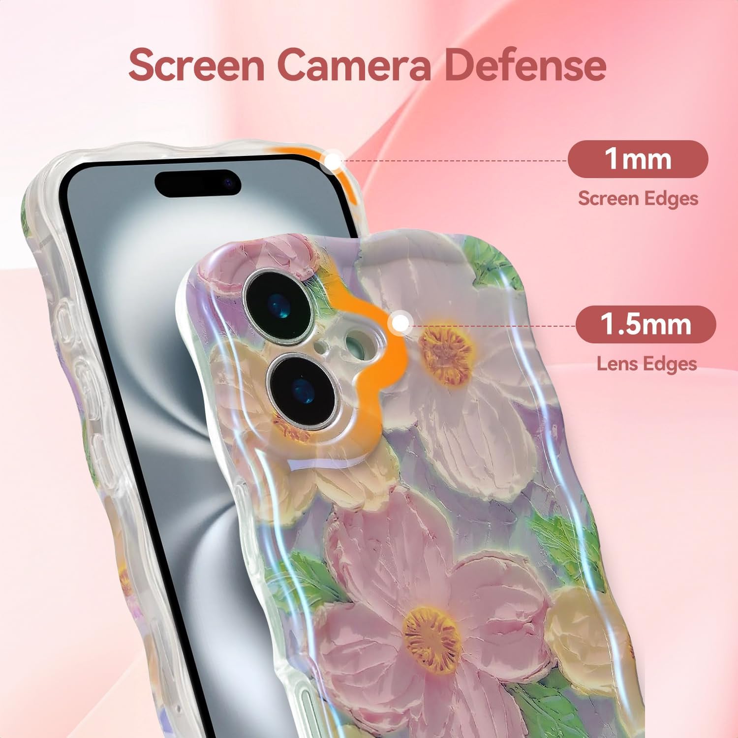 iPhone 16  Case for Women Girl Oil Painting Flowers Laser Beam Glossy Pattern Waves Border Cover Silicone Shockproof Phone Case