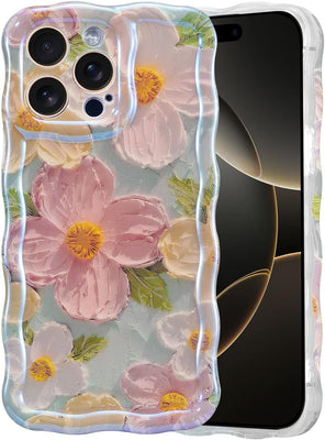 iPhone 16 Pro Case – Glossy Oil Painting Flowers, Laser Waves, Shockproof Silicone