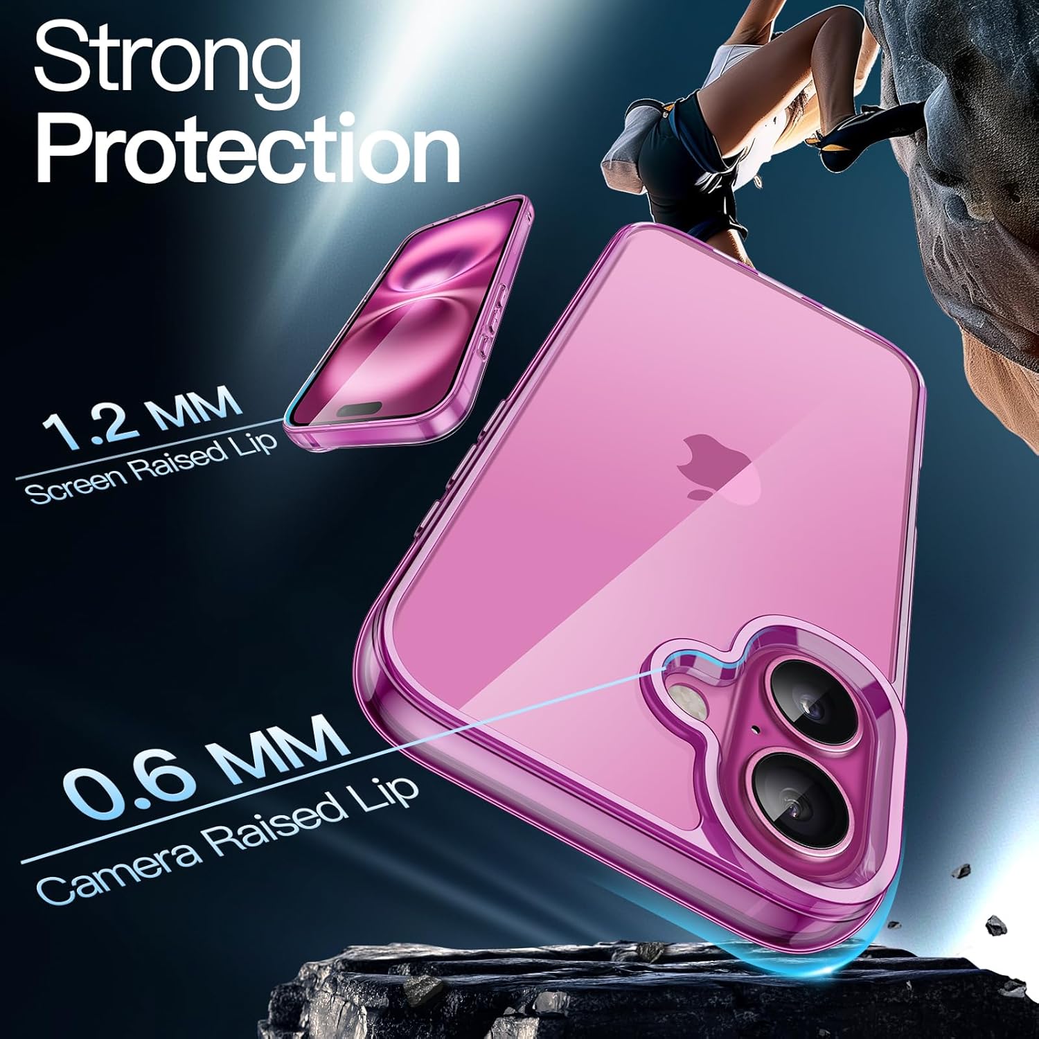 iPhone 16 6.1-Inch, Non-Yellowing Shockproof Phone Bumper Cover, Anti-Scratch Clear Back (Pink)