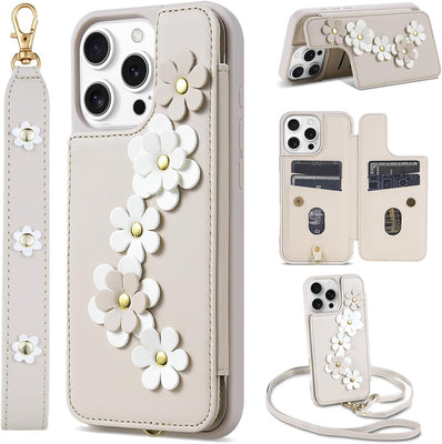 iPhone 16 Pro Max Wallet Case – Beige, Crossbody Purse, Wrist Strap, Shockproof