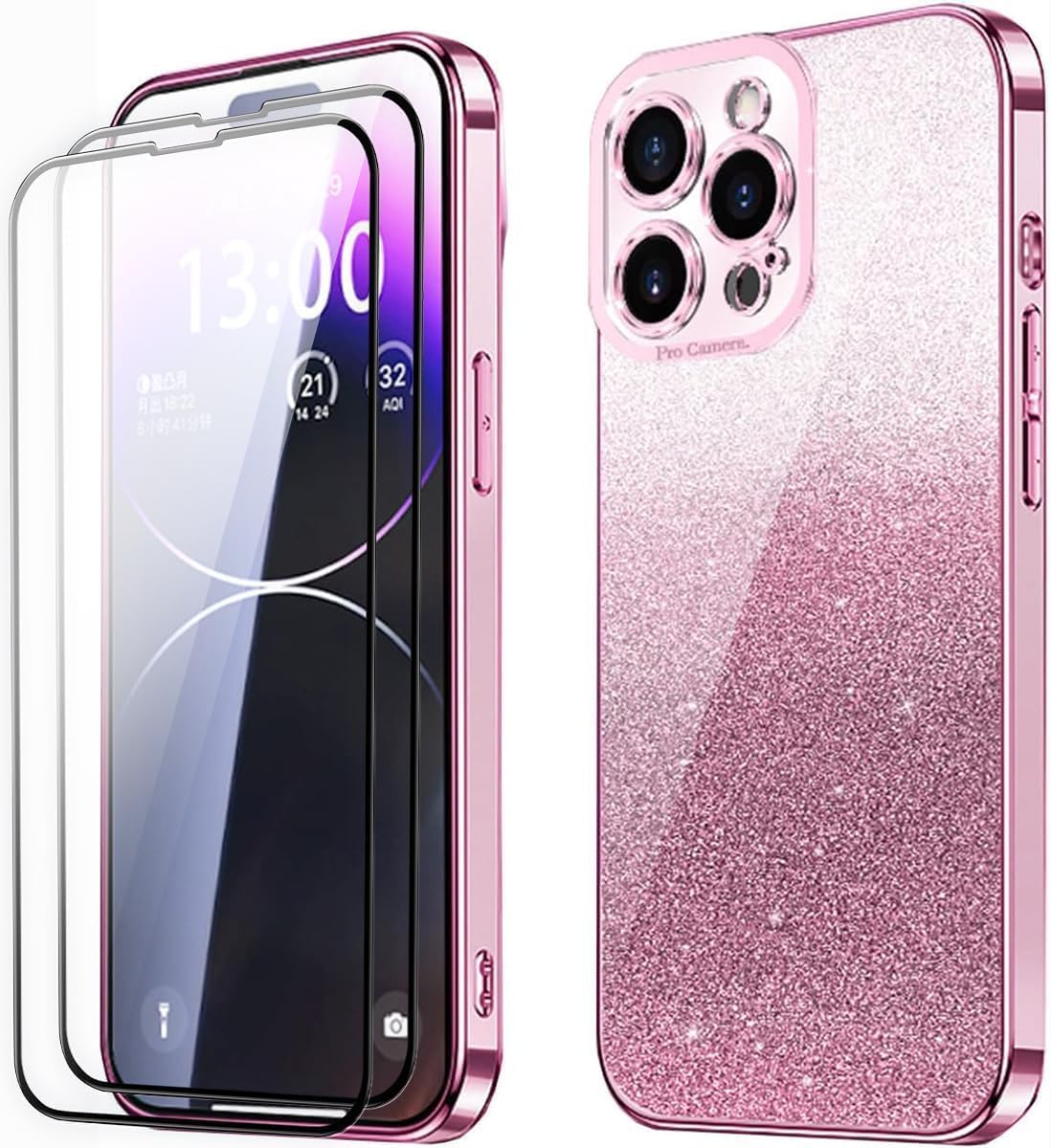 iPhone 16 Pro Case with 2 Tempered Glass Protectors, Glitter Bling Sparkly