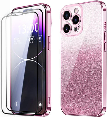iPhone 16 Pro Case with 2 Tempered Glass Protectors, Glitter Bling Sparkly