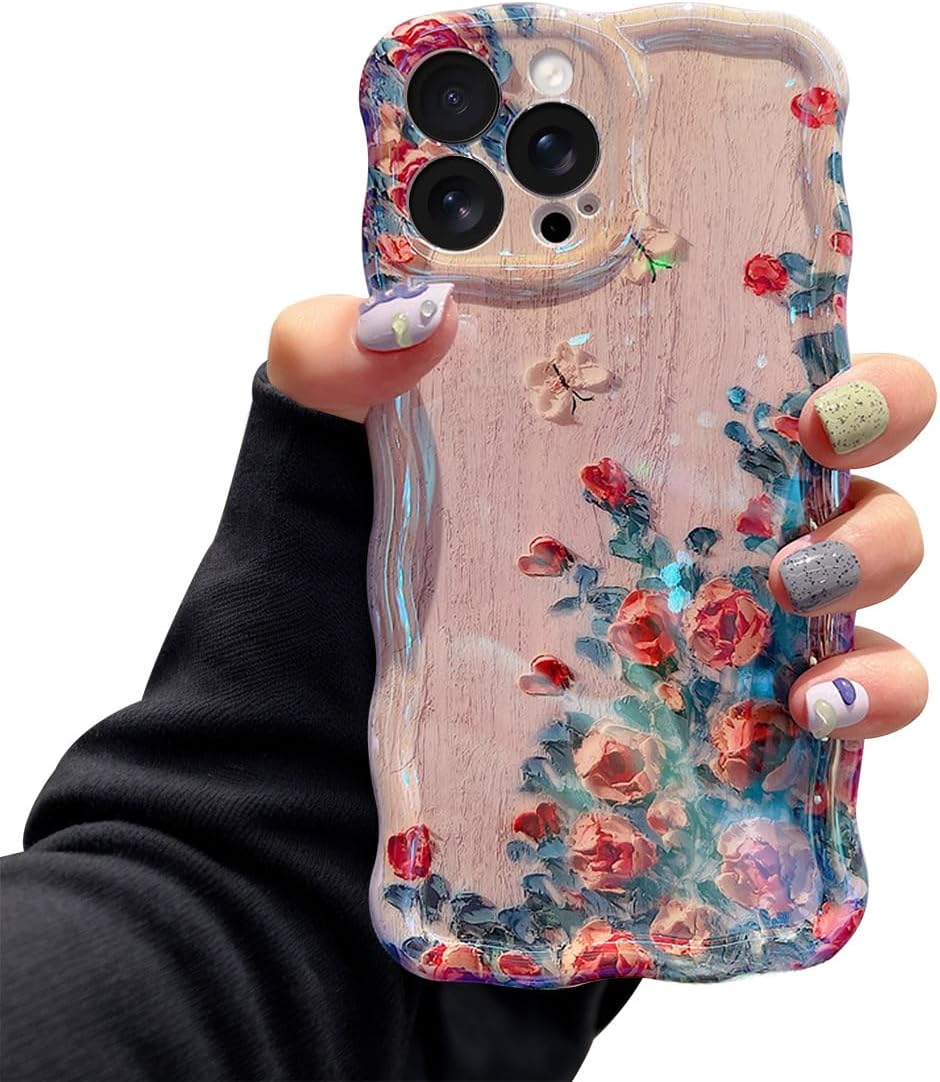 iPhone 16 Pro Max Case – Glossy Oil Painting Flowers, Laser Waves, Shockproof Silicone