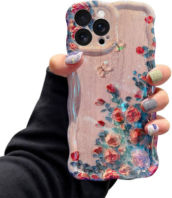 iPhone 16 Pro Max Case – Glossy Oil Painting Flowers, Laser Waves, Shockproof Silicone