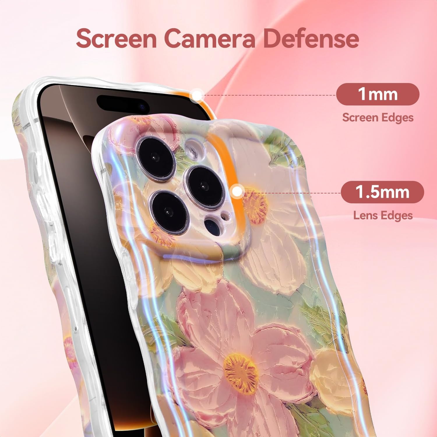 iPhone 16 Pro Max Case – Glossy Oil Painting Flowers, Laser Waves, Shockproof Silicone