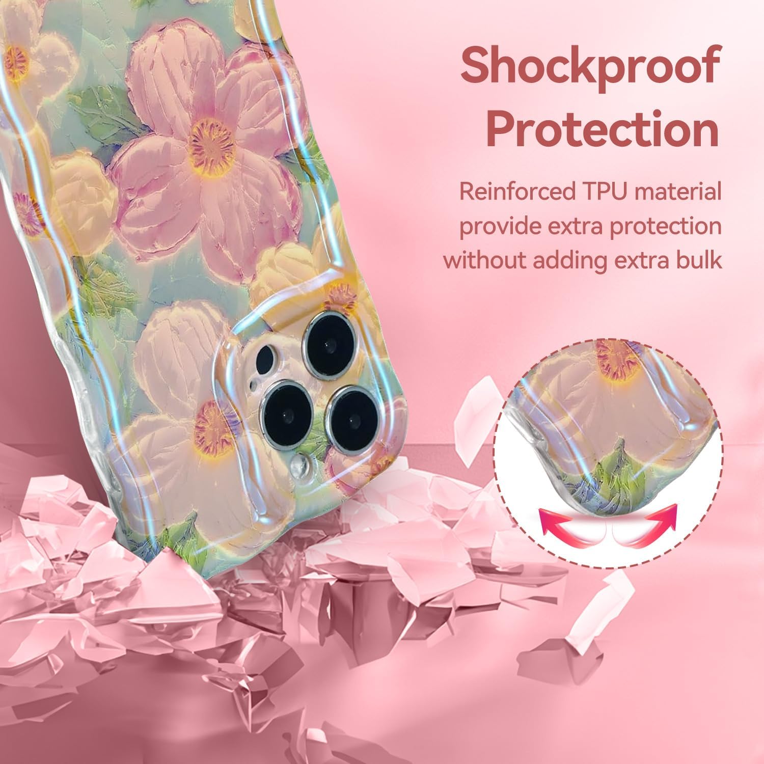 iPhone 16 Pro Max Case – Glossy Oil Painting Flowers, Laser Waves, Shockproof Silicone