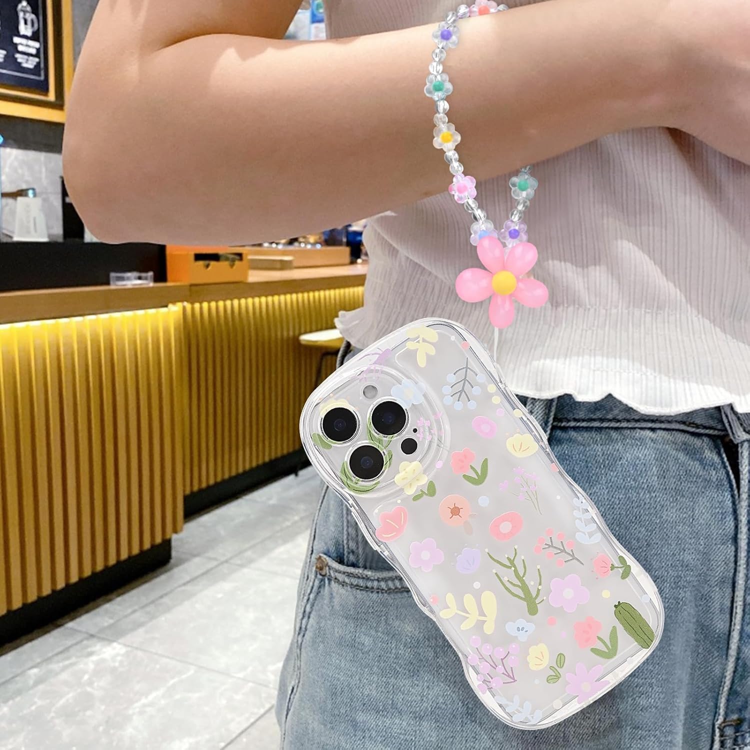 iPhone 16 Pro Max Case – Clear Soft TPU, Flower Design & Bracelet Chain