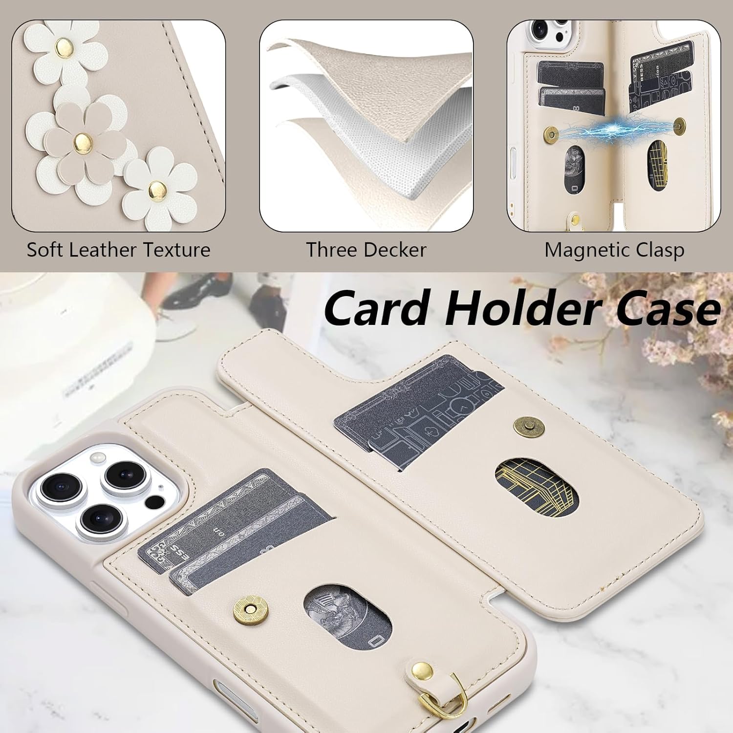 iPhone 16 Pro Max Wallet Case – Beige, Crossbody Purse, Wrist Strap, Shockproof
