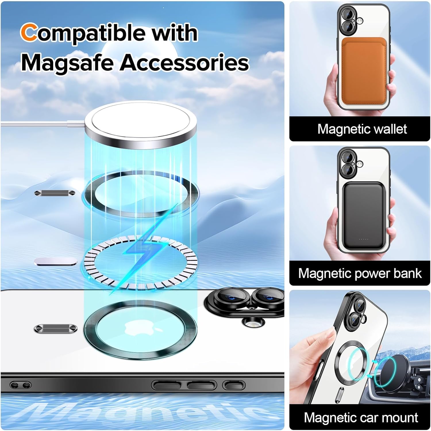 MagSafe iPhone 16 Plus Case (6.7″) – Clear Slim TPU Cover with Camera Lens Protector & Plating Edge