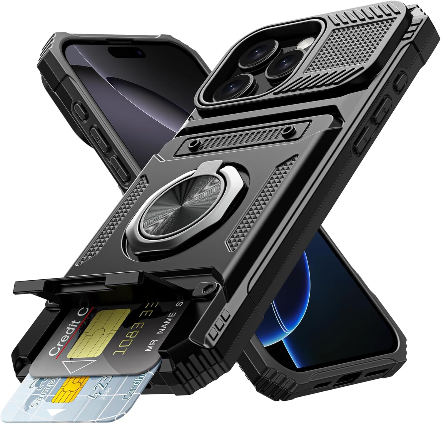 iPhone 16 Pro Max Wallet Case with Card Holder & 360° Ring Kickstand