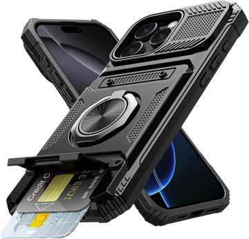 iPhone 16 Pro Max Wallet Case with Card Holder & 360° Ring Kickstand