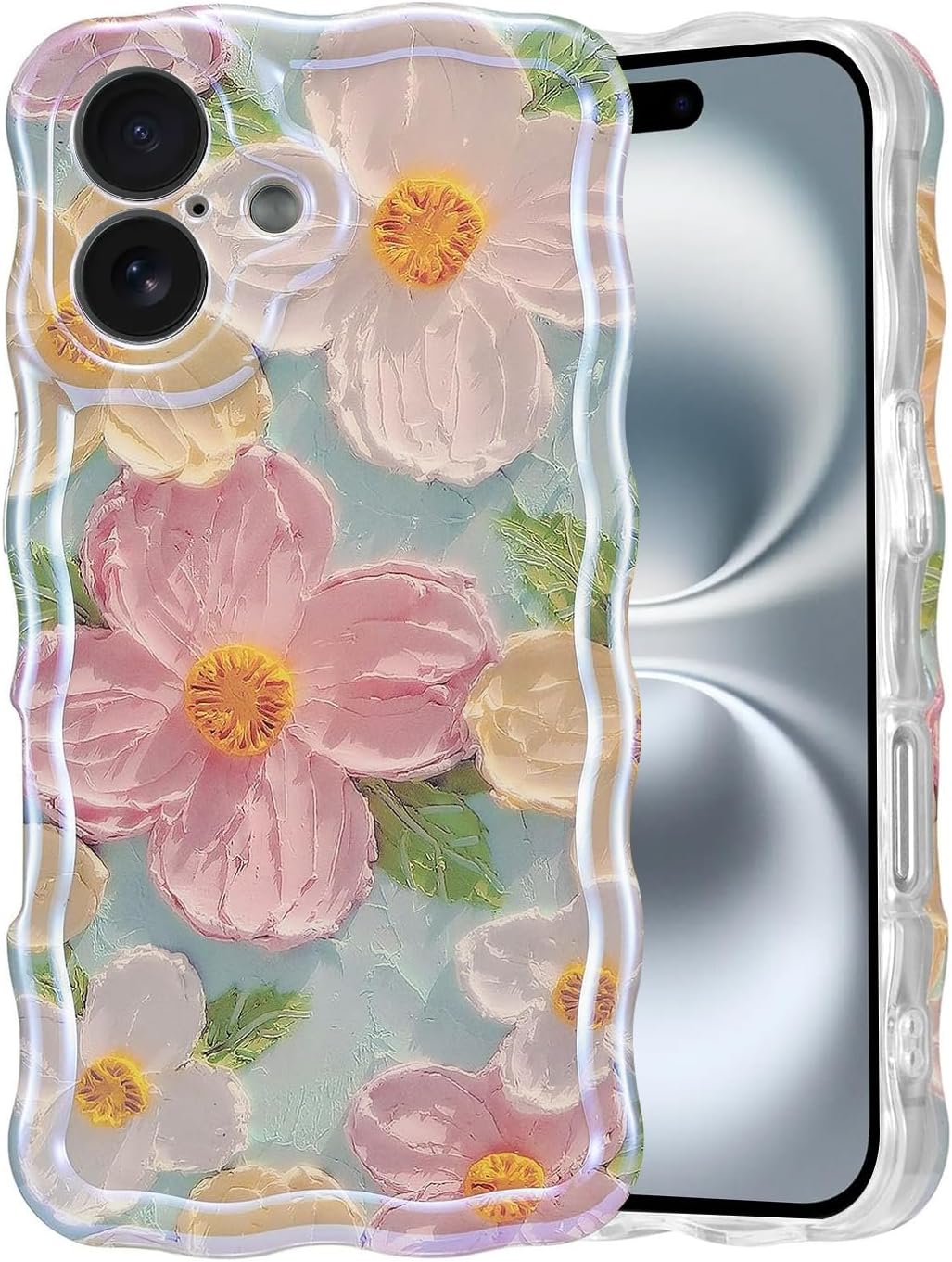 iPhone 16  Case for Women Girl Oil Painting Flowers Laser Beam Glossy Pattern Waves Border Cover Silicone Shockproof Phone Case