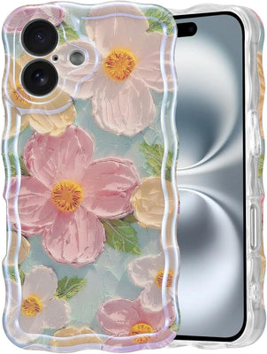 iPhone 16  Case for Women Girl Oil Painting Flowers Laser Beam Glossy Pattern Waves Border Cover Silicone Shockproof Phone Case
