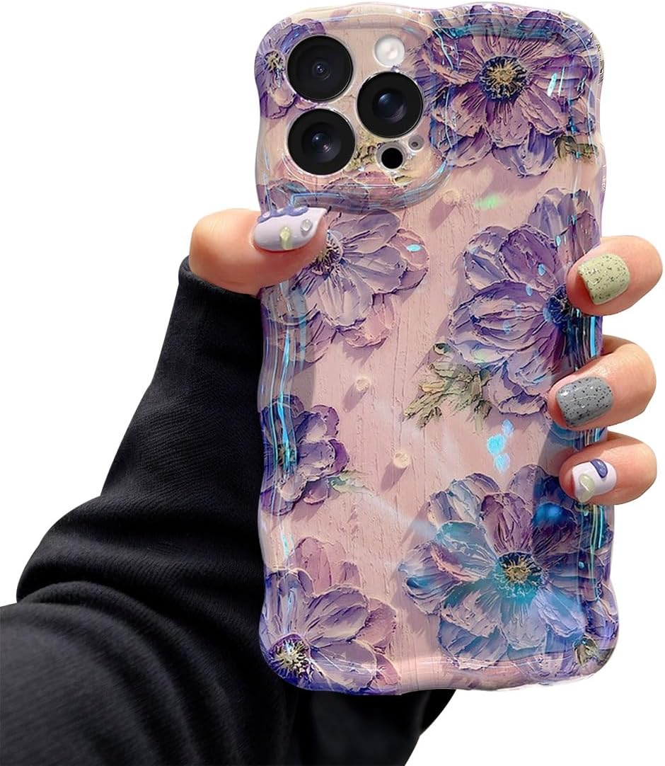 iPhone 16 Pro Case – Glossy Oil Painting Flowers, Laser Waves, Shockproof Silicone