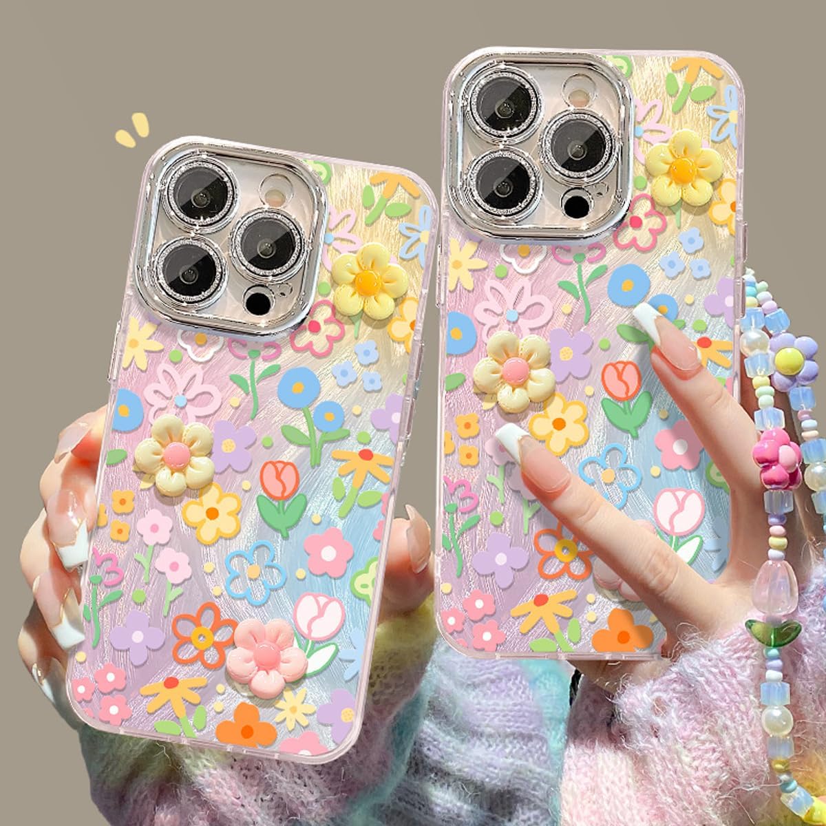 iPhone 16 Pro Max Glitter Bling Case with 3D Flower & Wrist Strap