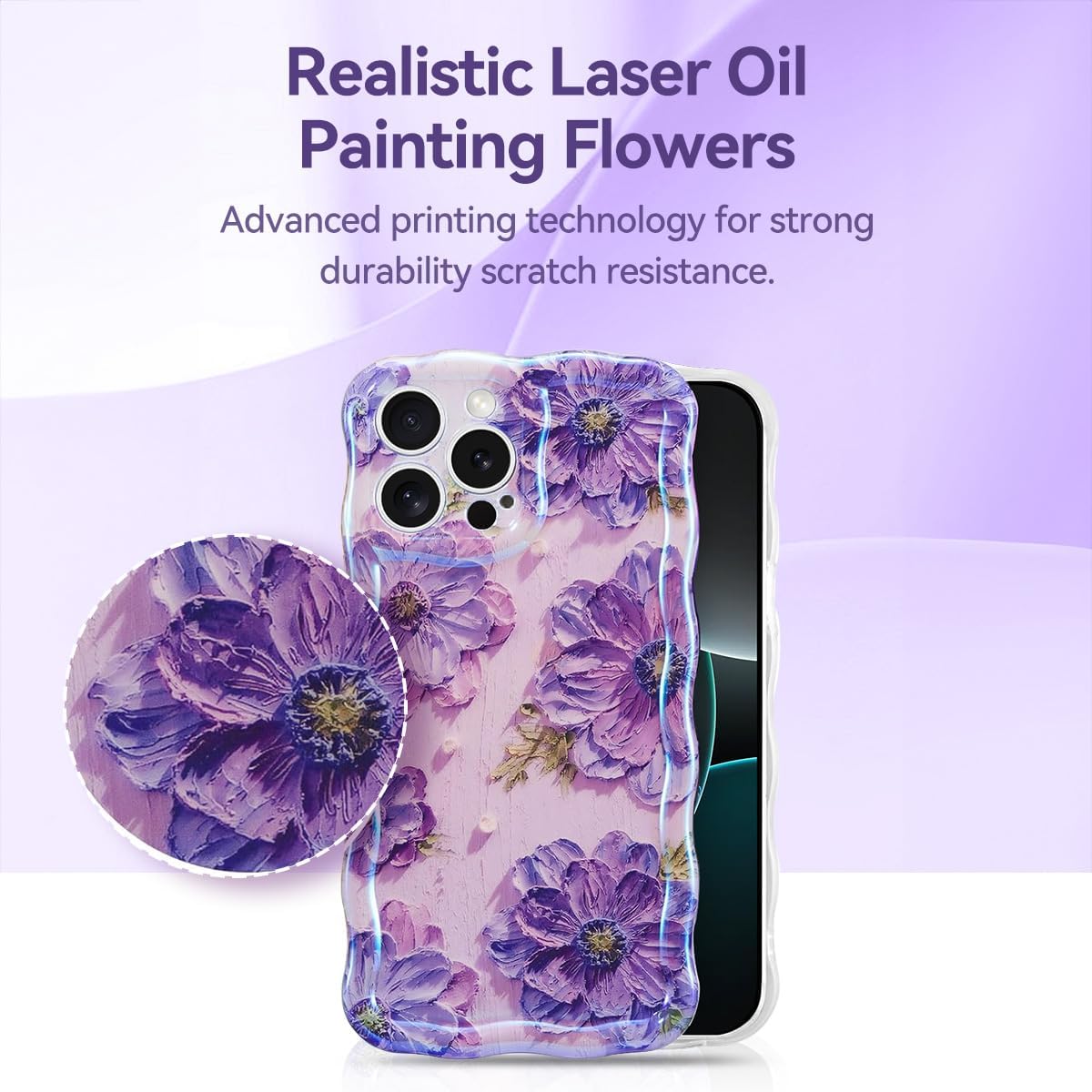 iPhone 16 Pro Max Case – Glossy Oil Painting Flowers, Laser Waves, Shockproof Silicone
