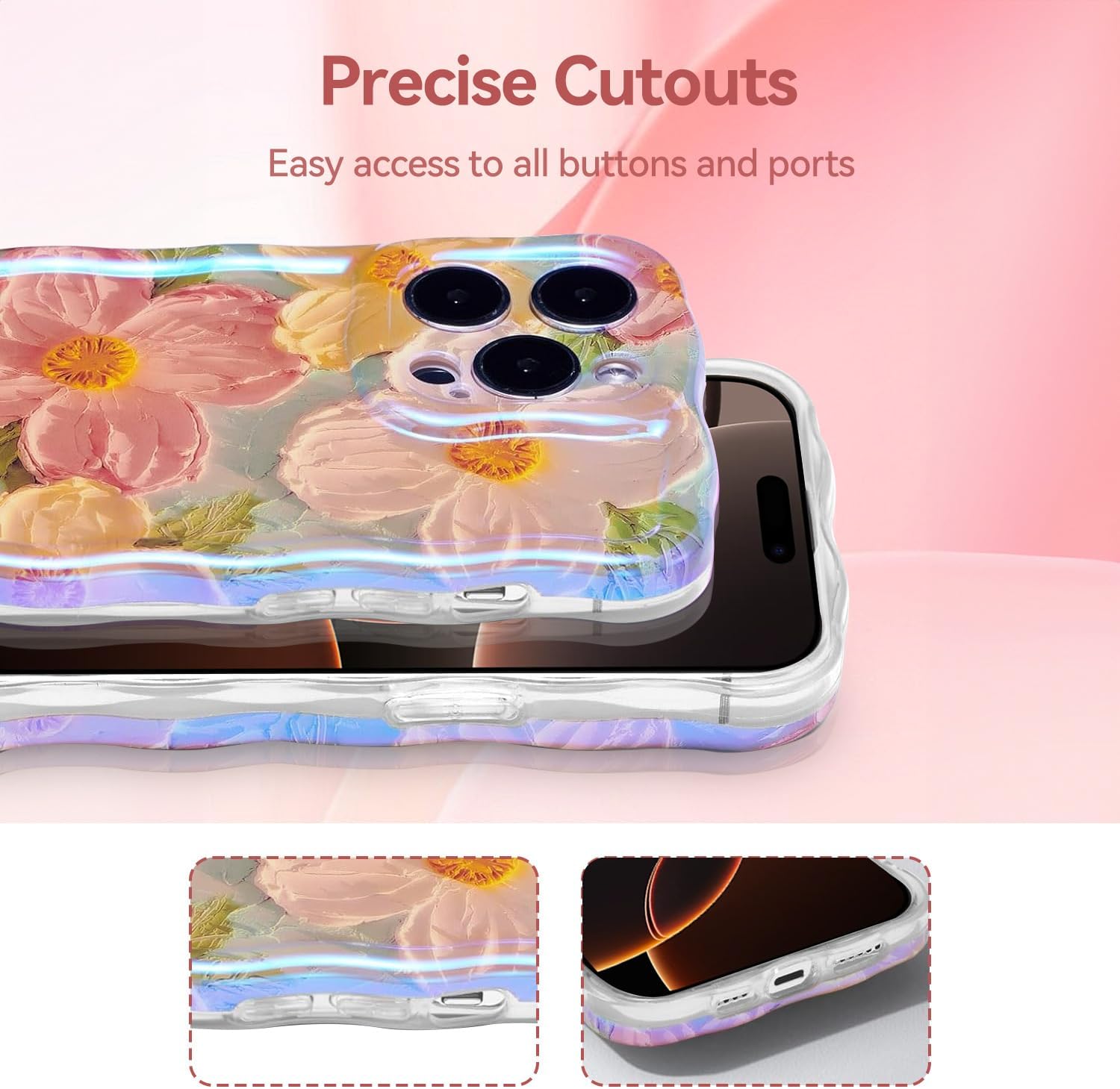 iPhone 16 Pro Case – Glossy Oil Painting Flowers, Laser Waves, Shockproof Silicone