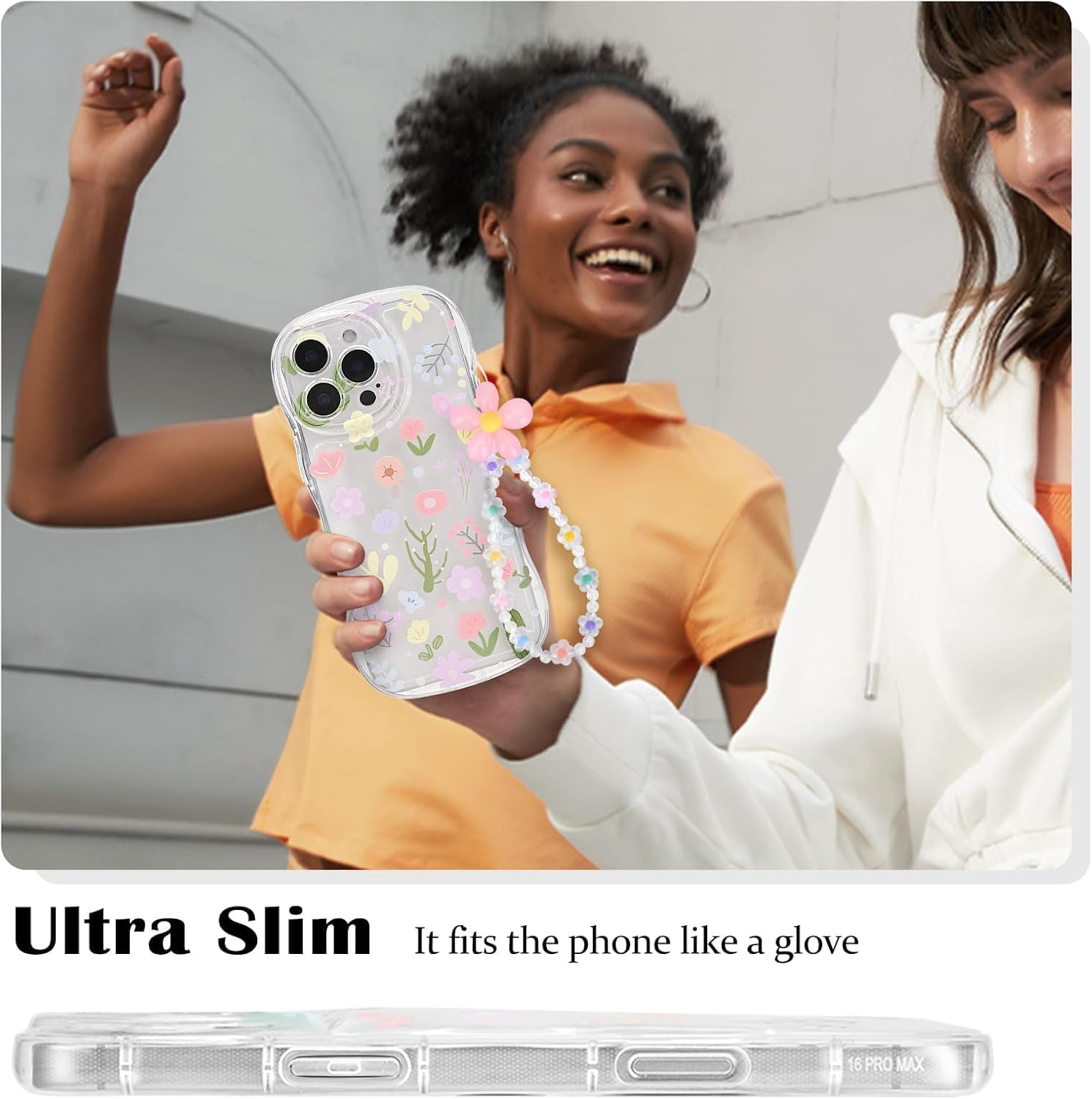 iPhone 16 Pro Max Case – Clear Soft TPU, Flower Design & Bracelet Chain