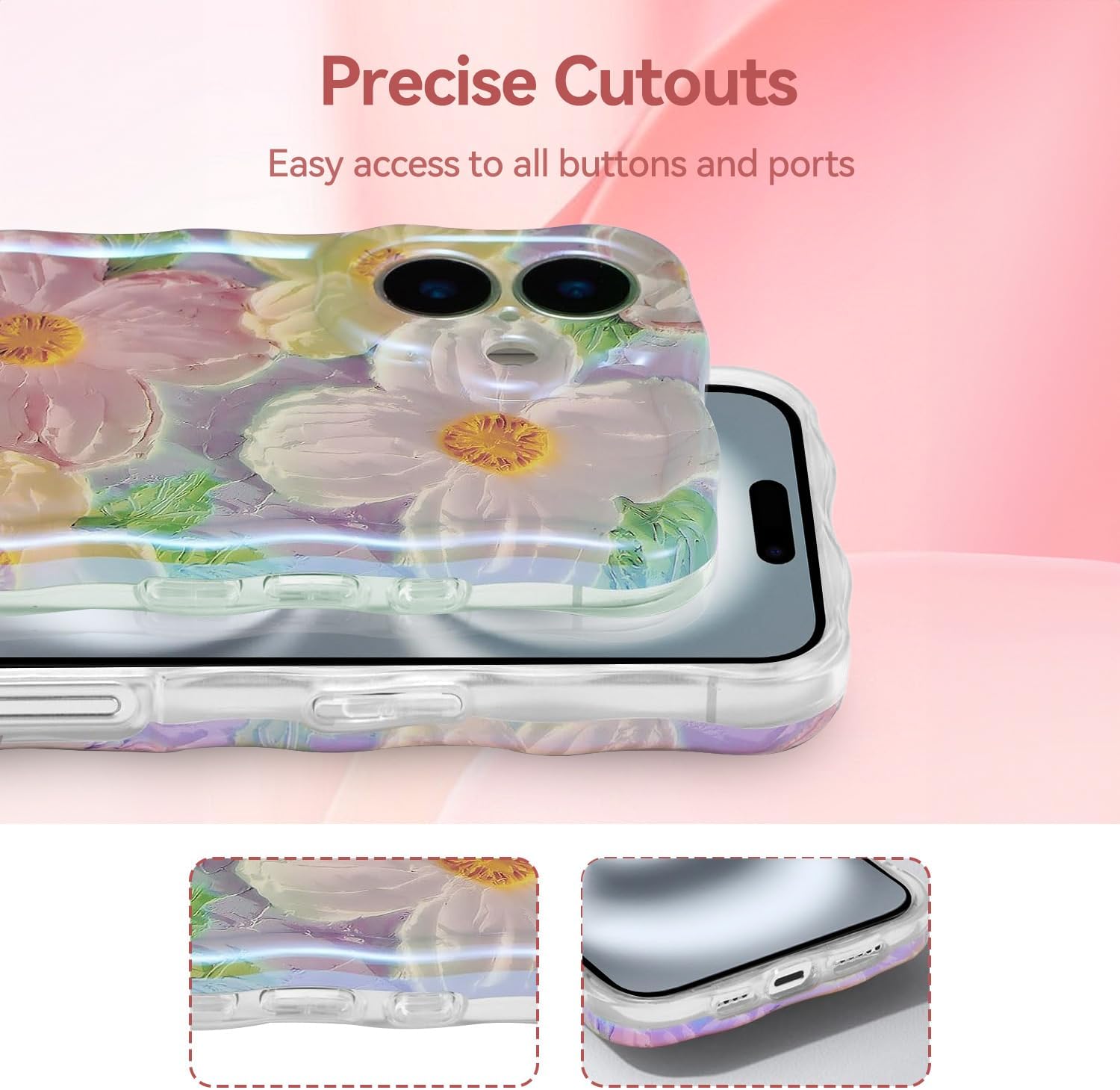 iPhone 16  Case for Women Girl Oil Painting Flowers Laser Beam Glossy Pattern Waves Border Cover Silicone Shockproof Phone Case