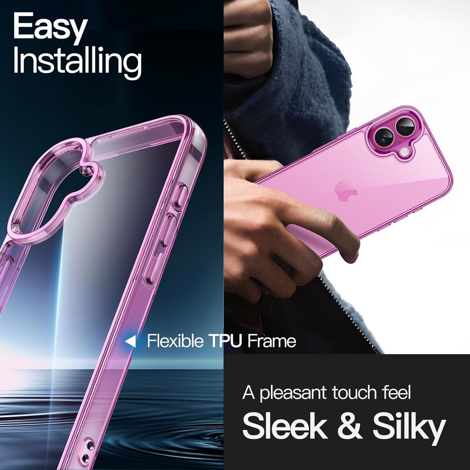 iPhone 16 6.1-Inch, Non-Yellowing Shockproof Phone Bumper Cover, Anti-Scratch Clear Back (Pink)