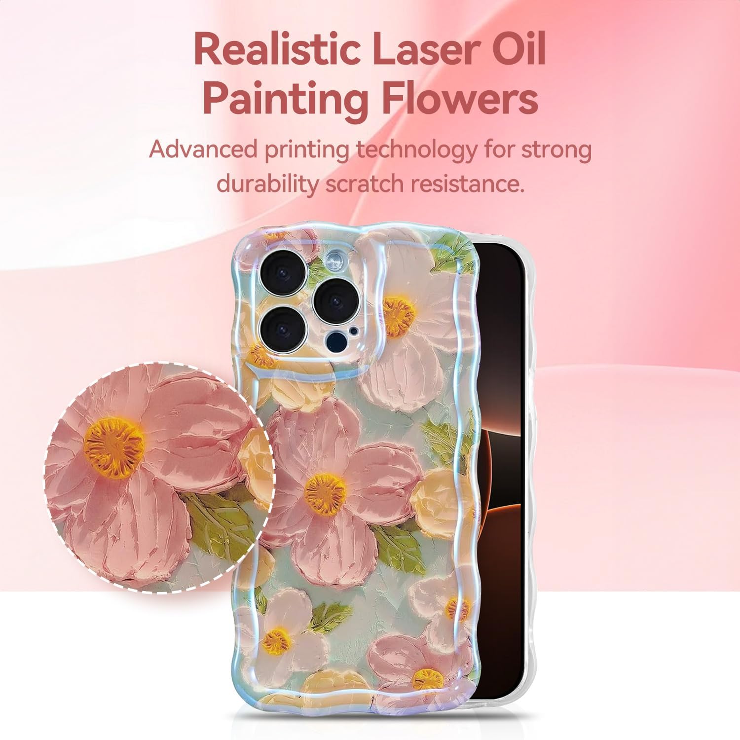 iPhone 16 Pro Max Case – Glossy Oil Painting Flowers, Laser Waves, Shockproof Silicone