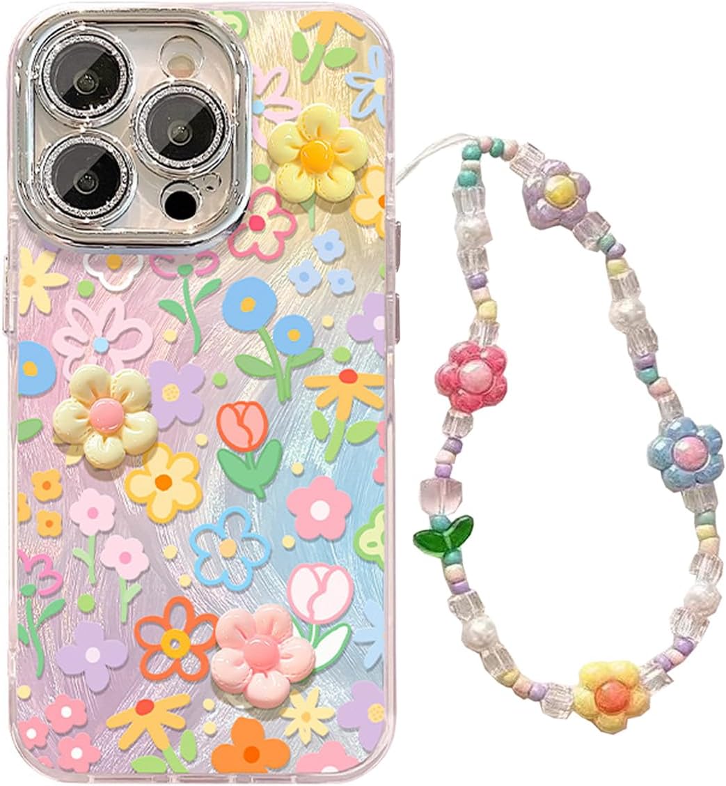 iPhone 16 Pro Max Glitter Bling Case with 3D Flower & Wrist Strap