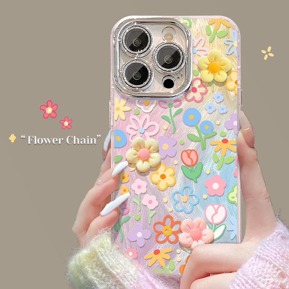 iPhone 16 Pro Max Glitter Bling Case with 3D Flower & Wrist Strap