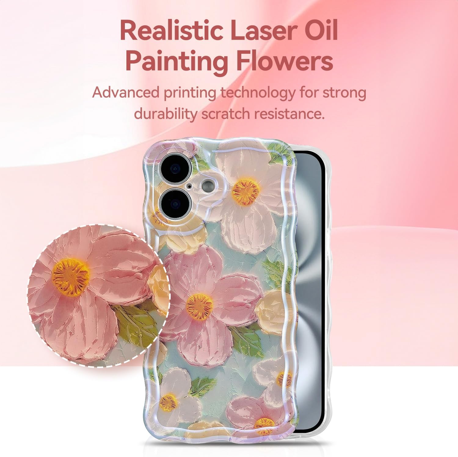 iPhone 16  Case for Women Girl Oil Painting Flowers Laser Beam Glossy Pattern Waves Border Cover Silicone Shockproof Phone Case