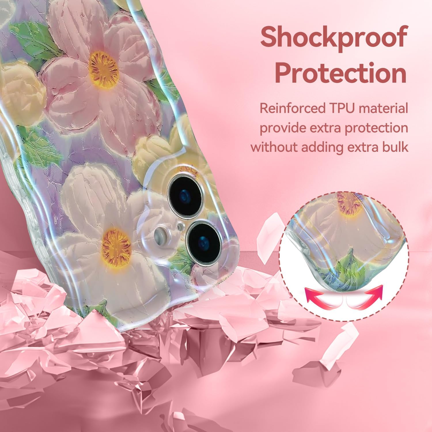 iPhone 16  Case for Women Girl Oil Painting Flowers Laser Beam Glossy Pattern Waves Border Cover Silicone Shockproof Phone Case