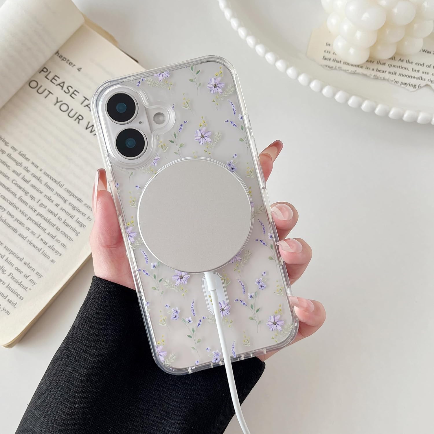 iPhone 16 MagSafe Case – Big White Flower Design, Cute & Protective