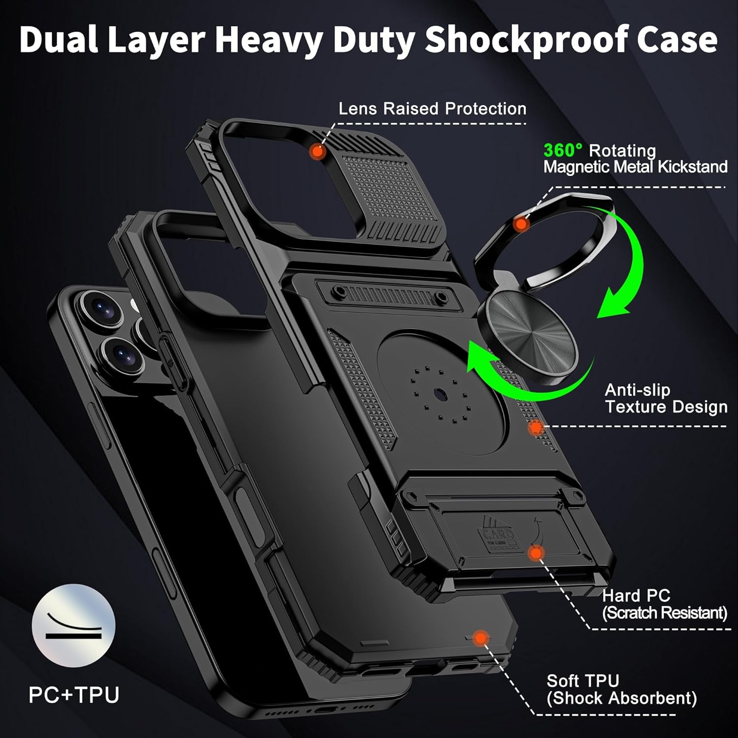 iPhone 16 Pro Max Wallet Case with Card Holder & 360° Ring Kickstand