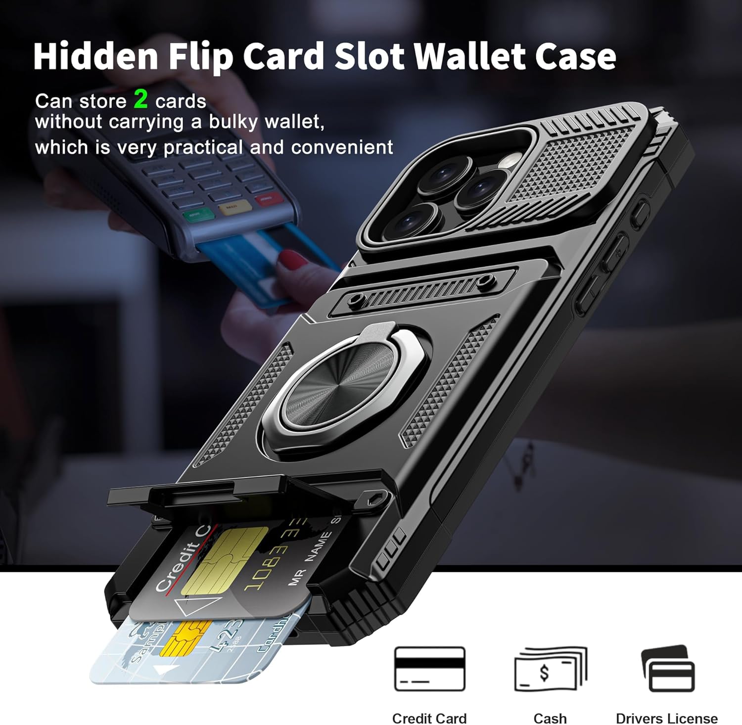 iPhone 16 Pro Max Wallet Case with Card Holder & 360° Ring Kickstand