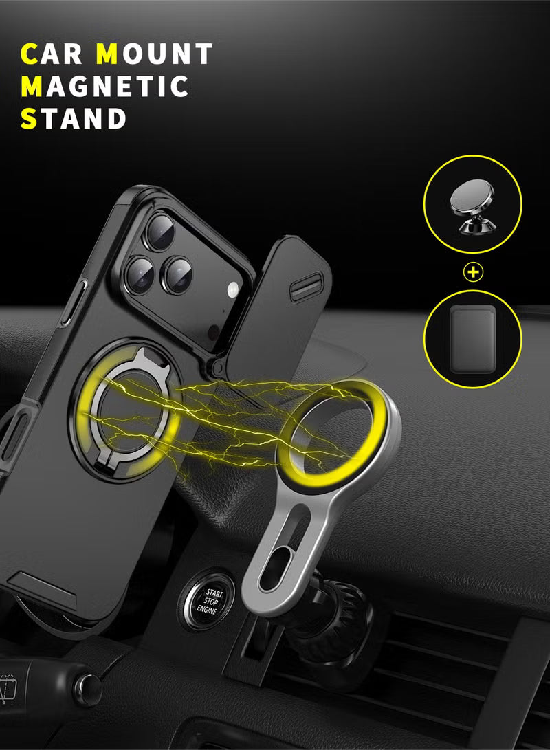 iPhone 17 Pro Max Magnetic Slide Camera Case – 360° Ring Stand, Shockproof, Black