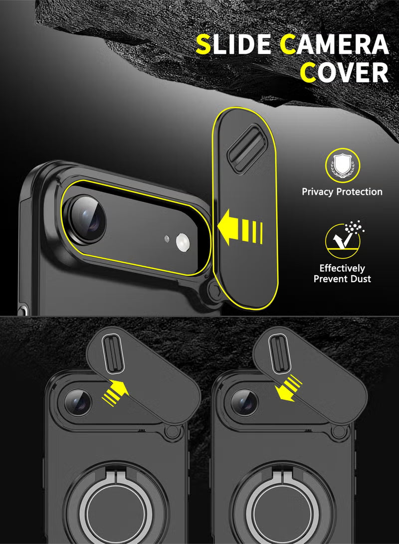 iPhone 17 Air Magnetic Slide Camera Case – 360° Ring Stand, Shockproof, Black