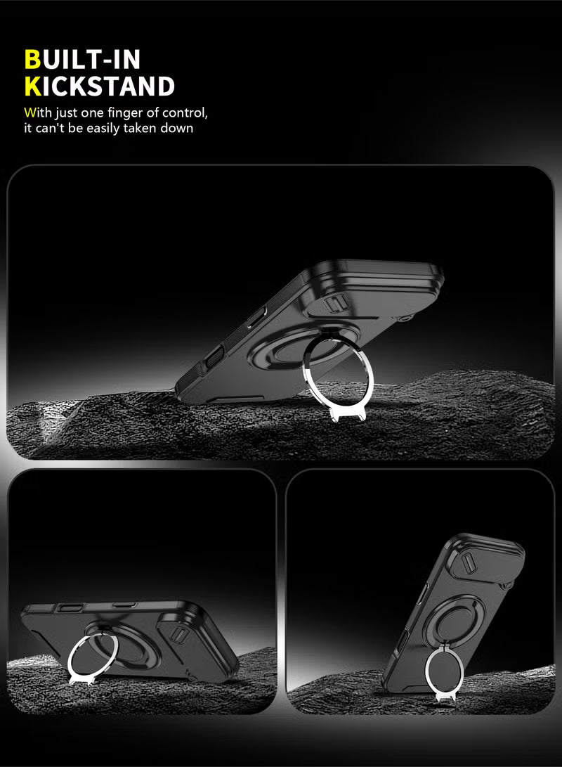 iPhone 17 Air Magnetic Slide Camera Case – 360° Ring Stand, Shockproof, Black