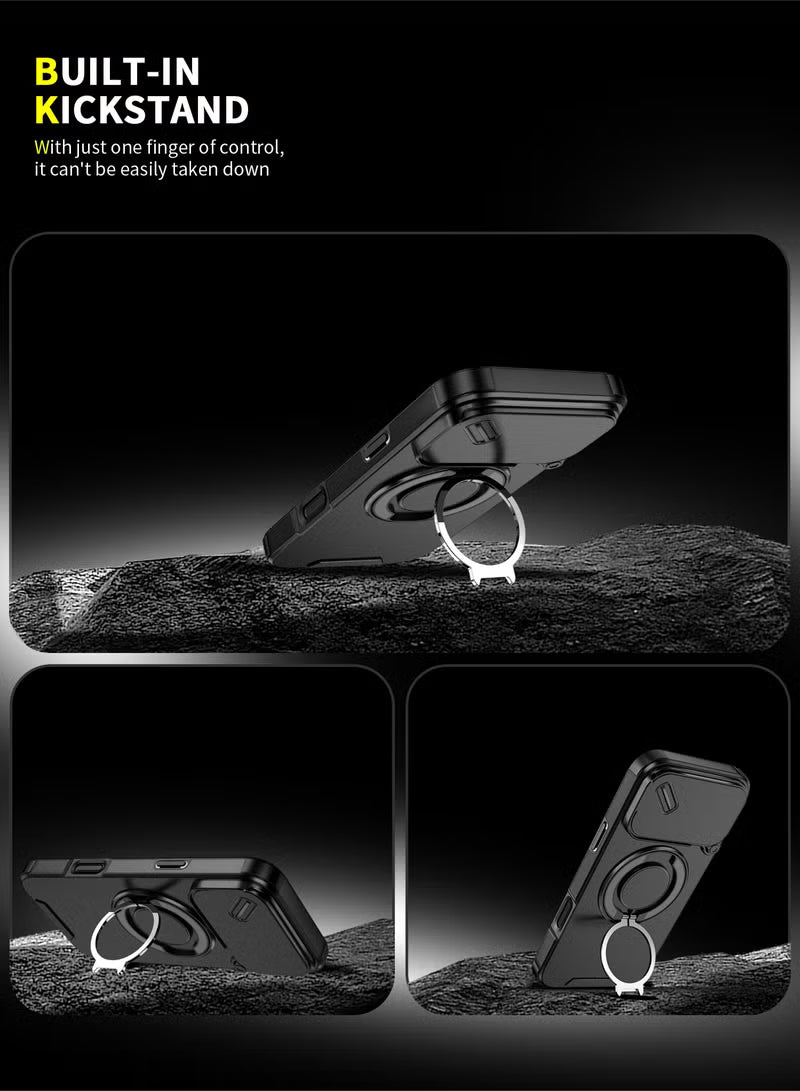 iPhone 17 Pro Max Magnetic Slide Camera Case – 360° Ring Stand, Shockproof, Black