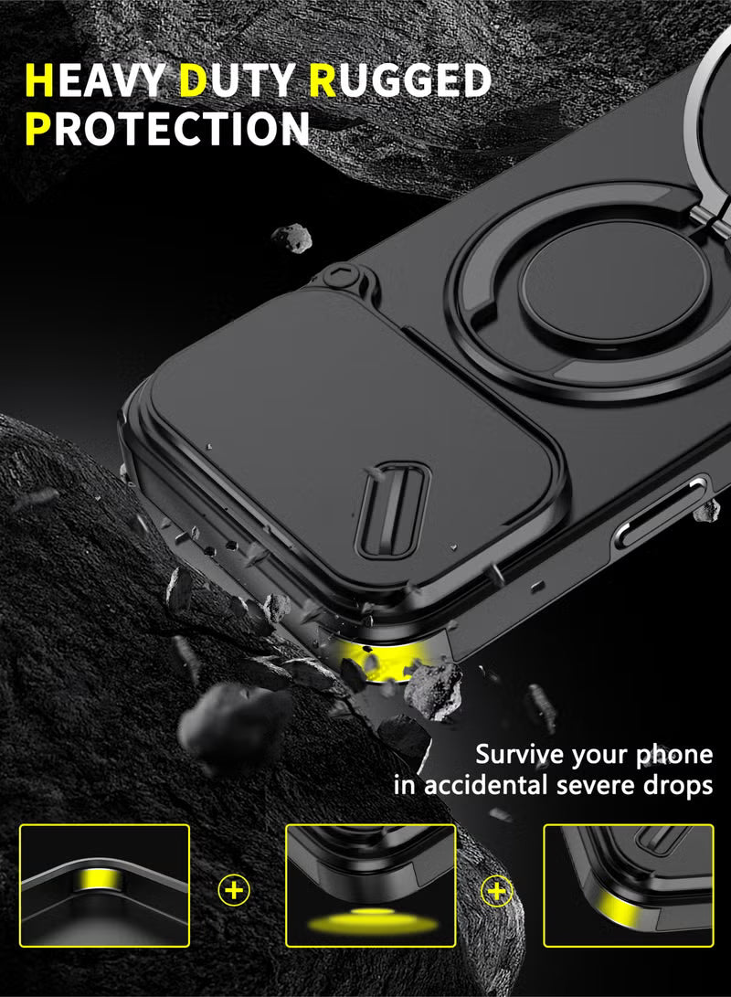 iPhone 17 Pro Max Magnetic Slide Camera Case – 360° Ring Stand, Shockproof, Black