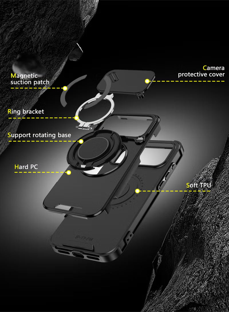 iPhone 17 Pro Max Magnetic Slide Camera Case – 360° Ring Stand, Shockproof, Black