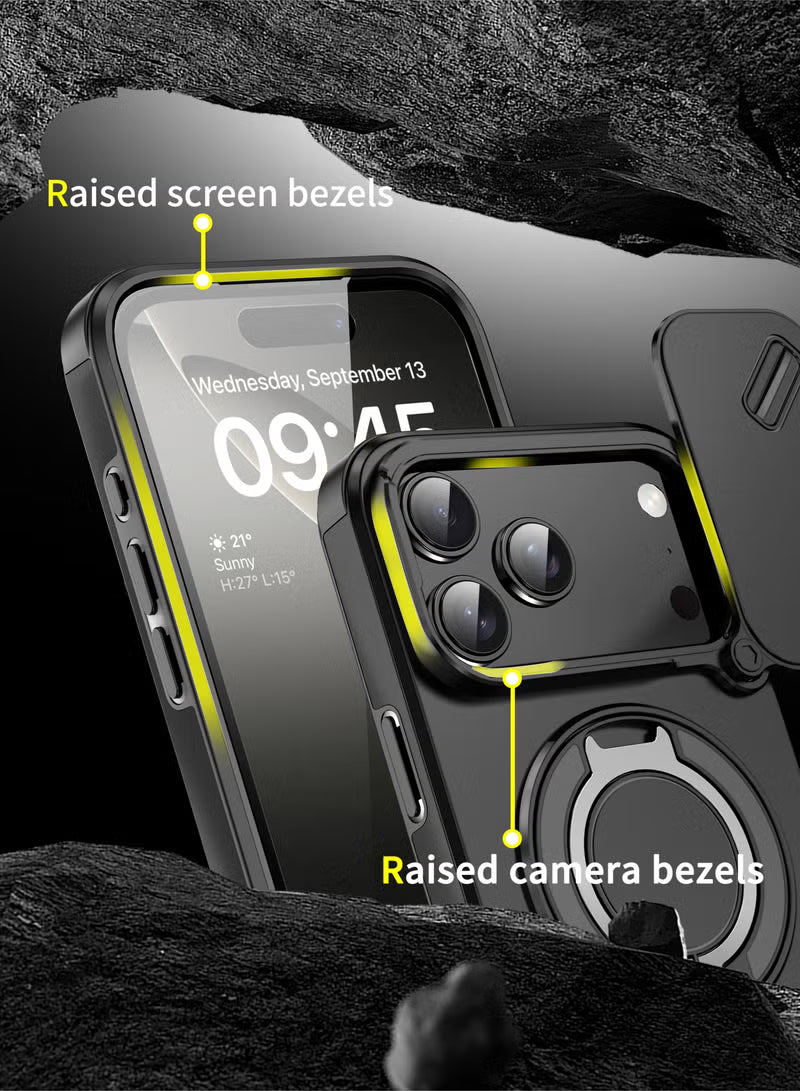 iPhone 17 Pro Max Magnetic Slide Camera Case – 360° Ring Stand, Shockproof, Black